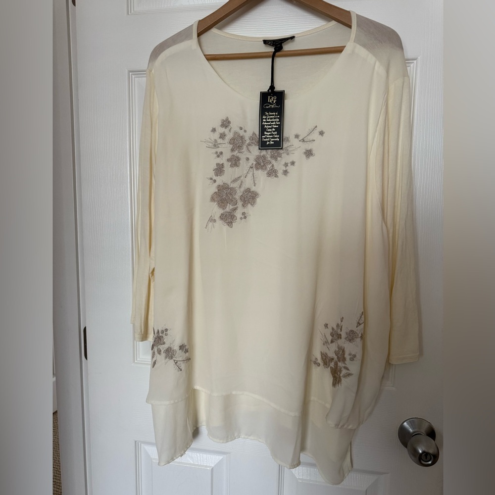 DG2 by Diane Gilman Ivory Floral Embroidered 3/4 Sleeve Blouse 2X